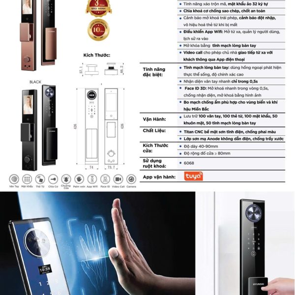 Khóa điện tử Hyundai HY-SLA101 CNC (Tĩnh Mạch Lòng Bàn Tay & Face ID 3D)
