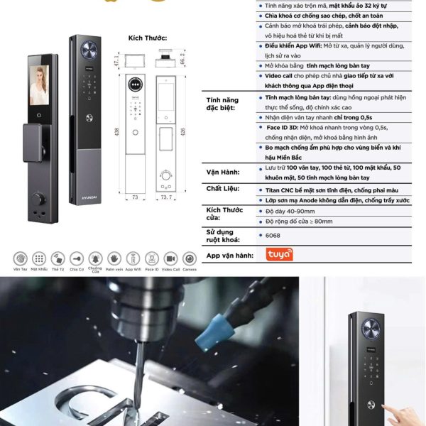 Khóa điện tử Hyundai HY-SLA102 CNC (Face ID 3D & Tĩnh Mạch Lòng Bàn Tay)