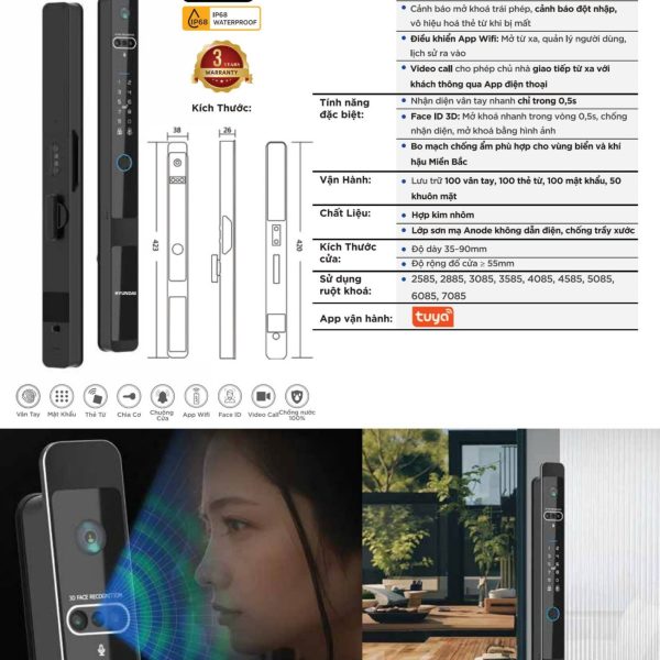 Khóa điện tử Hyundai Cửa Nhôm HY-SLS005F BLACK (Face ID 3D & Chống Nước IP68)