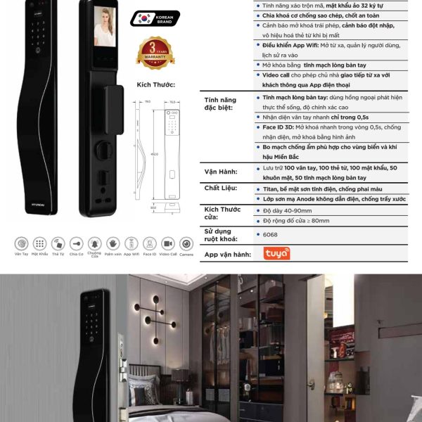 Khóa điện tử Hyundai HY-SLA807F BLACK (Face ID 3D & Tĩnh Mạch Lòng Bàn Tay)