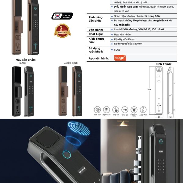 Khóa điện tử Hyundai HY-SLA808 (Vân tay FPC Thụy Điển & App Tuya)