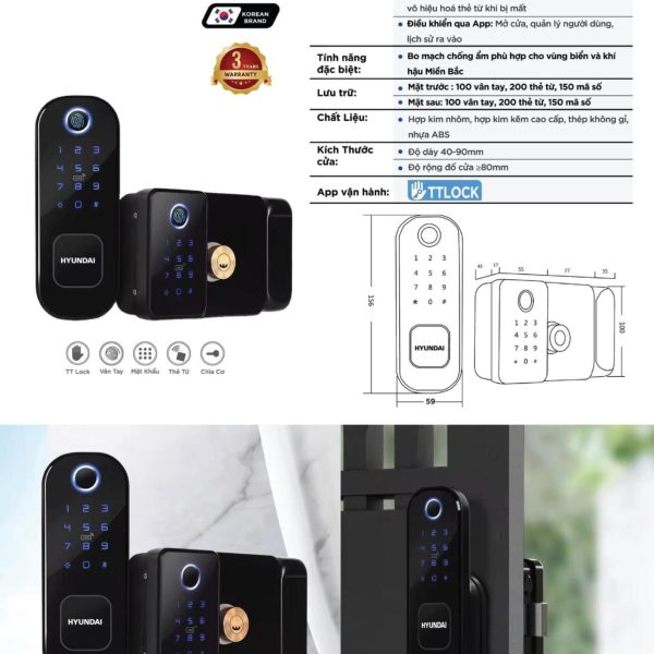 Khóa điện tử Hyundai Cửa Cổng HY-SLN002 Black (2 Mặt Vân Tay)