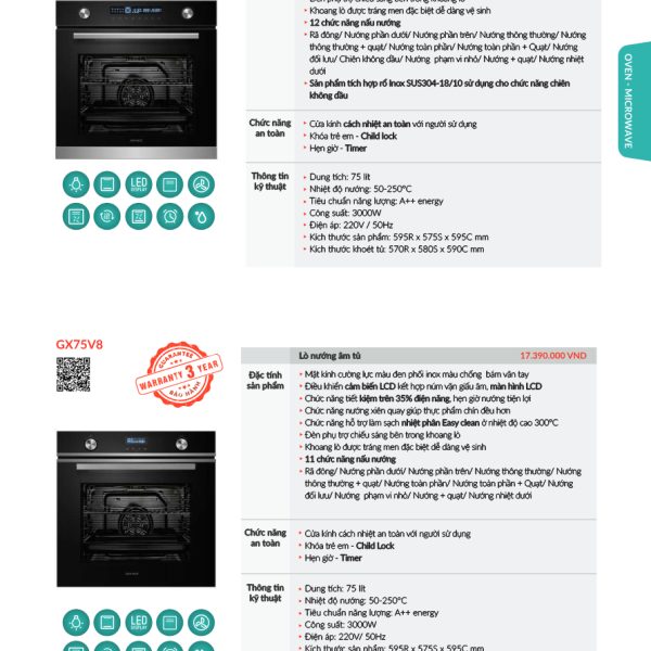 Lò nướng âm tủ GrandX GX75V8 (Dung tích 75L, 10 chức năng)