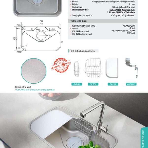 Chậu rửa bát Inox 304 GrandX GXB8 (Đúc nguyên khối, Phủ Nano)